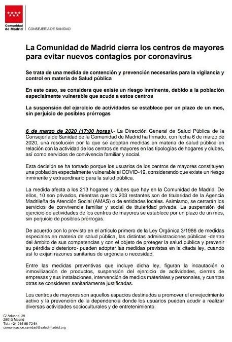 Cierre preventivo de la actividad en el Centro de Jubilados y Pensionistas de nuestro municipio.