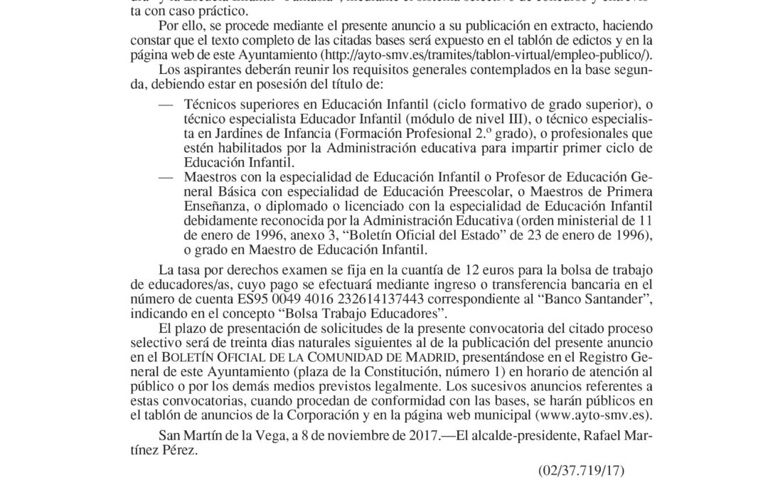 Convocatoria para la constitución de una Bolsa de Trabajo de Educadores/as Infantiles